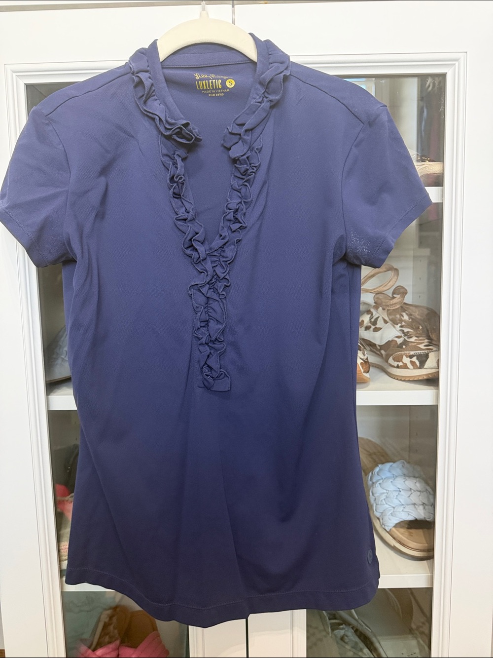 Lilly Pulitzer Navy Short Sleeve Ruffle V-Neck Tee